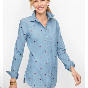 Talbots Denim Red Heart Button Up Blouse Shirt plus 2X Valentine's Day